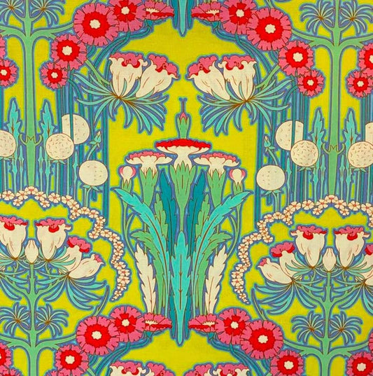 Stof ornamenteret Blomstermotiv, Gul, Grøn, Turkis & Pink - Amy Butler I grønlykke.com
