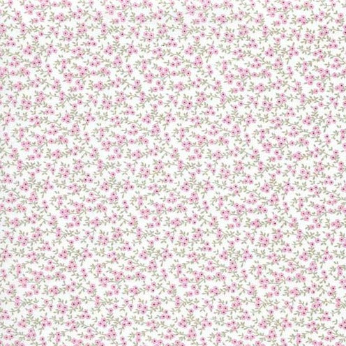 Stof på Hvid baggrund, med Lyserøde blomster & lysegrå grene I grønlykke.com